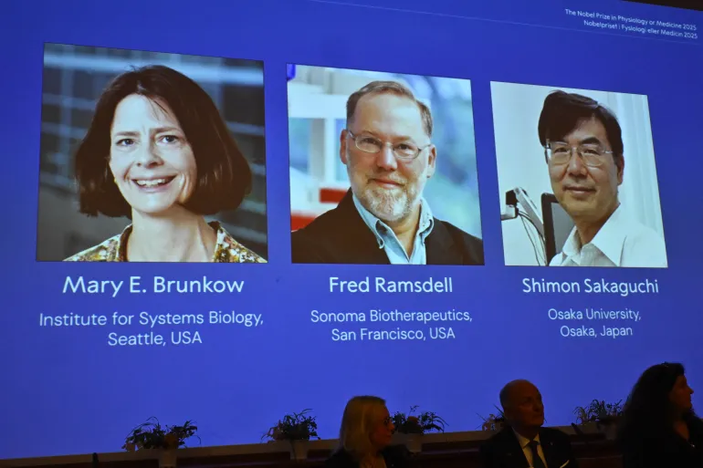 (L-R) The portraits of Mary E Brunkow, Fred Ramsdell and Shimon Sakaguchi are displayed during a press conference where the winners of the 2025 Nobel Prize in Physiology or Medicine are being announced at the Karolinska Institute in Stockholm, Sweden, on October 6, 2025.