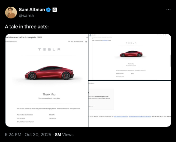 A screenshot of Sam Altman's X posts about cancelling his car