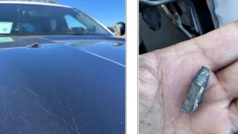 California Highway Patrol Two side-by-side images show shrapnel. One shows a dent in a patrol vehicle's hood with a piece of metal. The second is a piece of metal in an officer's hand