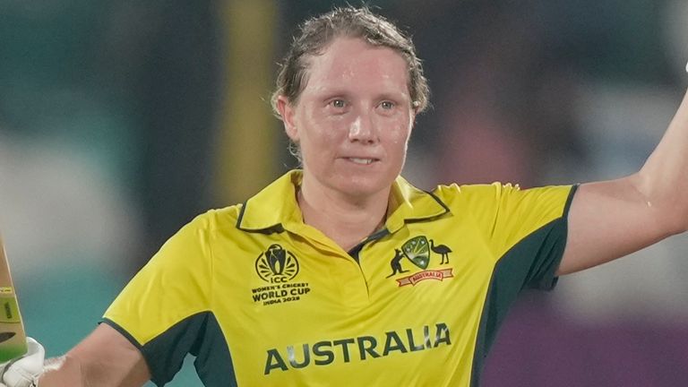 Australia captain Alyssa Healy celebrates a century at the Women's Cricket World Cup (Associated Press)
