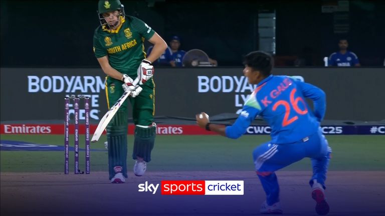 India's Kranti Gaud somehow took a stunning caught and bowled to dismiss Tazmin Brits for a duck, leaving South Africa 6-1.
