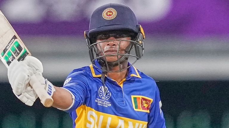 Sri Lanka's Nilakshika Silva celebrates her 26-ball fifty against New Zealand during the Women's Cricket World Cup