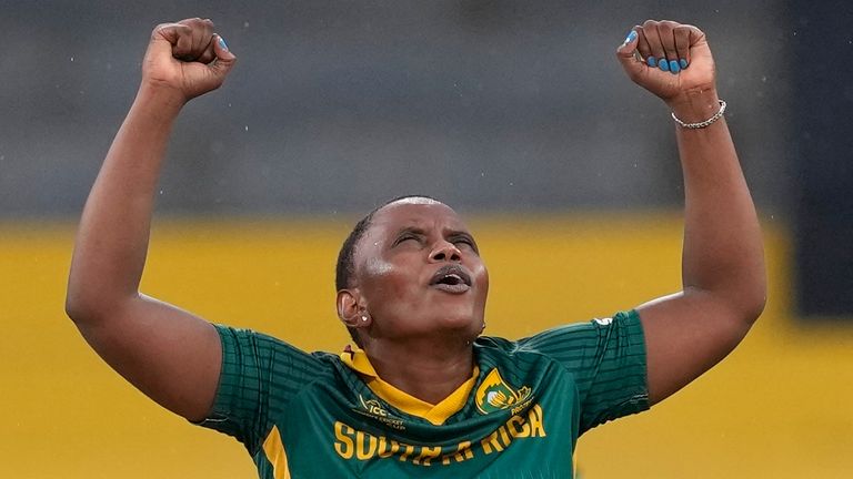 South Africa's Masabata Klaas celebrates the wicket of Sri Lanka's captain Chamari Athapaththu