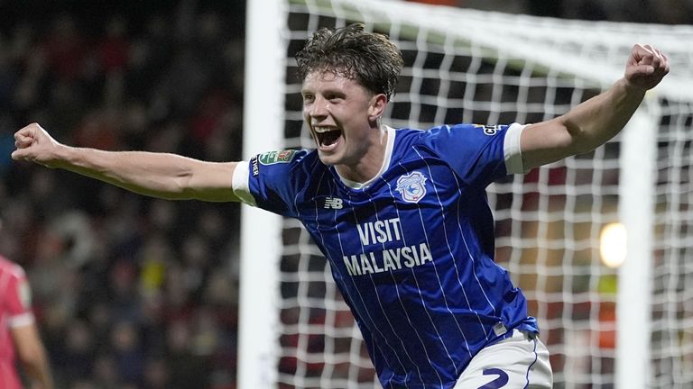 Cardiff City's William Fish celebrates after putting his side 2-1 up against Wrexham in the Carabao Cup
