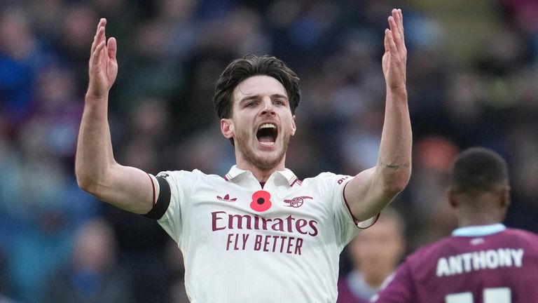 Declan Rice celebrates after doubling Arsenal's lead at Burnley