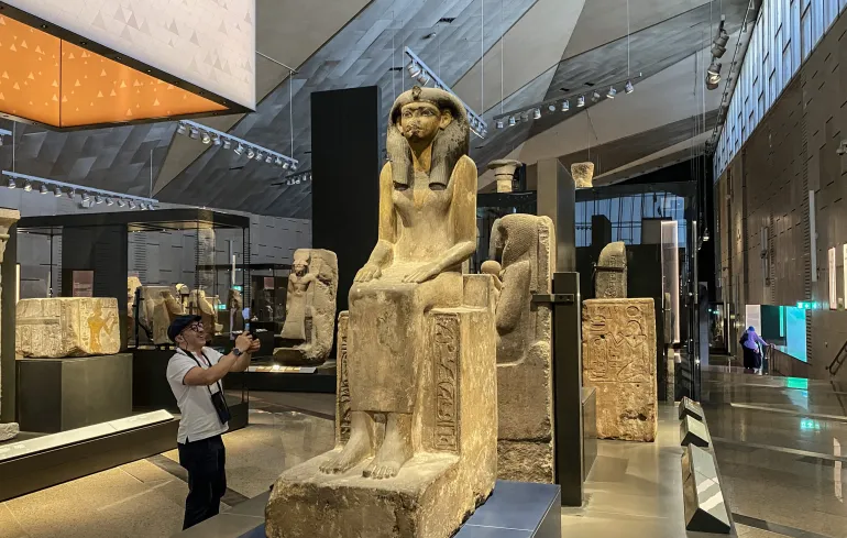 GIZA, EGYPT - OCTOBER 15: A view from the Grand Egyptian Museum, "largest museum exhibiting the artifacts of a single country", in Giza, Egypt on October 15, 2024. Built in the city of Giza, where the Egyptian pyramids are located, the museum houses thousands of artifacts starting from the prehistoric period to the pharaonic and Roman periods. In addition to the exhibition area, the museum also includes a children's museum, conference center, auditorium, conservation areas and gardens. (Photo by Mohamed Elshahed/Anadolu via Getty Images)