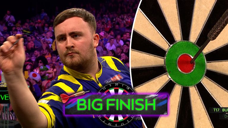 Luke Littler seals a fantastic 121 finish on the bullseye in his Grand Slam of Darts group clash against Connor Scutt. 