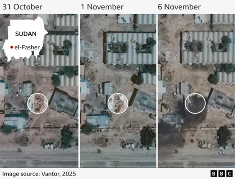Satellite images taken by 31 October, 1 November and 6 November that appear to show that white objects - believed to be bodies - being placed in an area that had been dug within the compound of Saudi Hospital and then set alight.