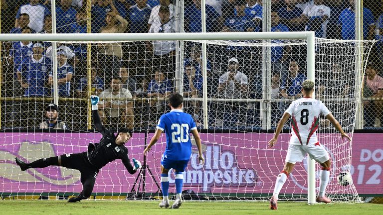 El Salvador's goalkeeper Mario Gonzalez concedes Suriname's second goal during the 2026 FIFA World Cup Concacaf qualifier in September 2025