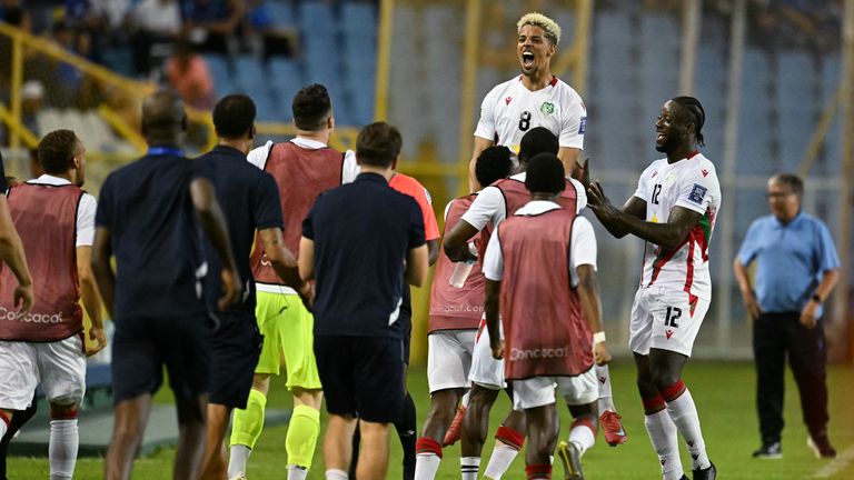 Suriname's midfielder Justin Lonwijk celebrates after scoring El Salvador in a World Cup qualifier on June 10, 2025. 