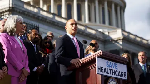 Reuters U.S. House Minority Leader Hakeem Jeffries (D-NY) speaks during an event with fellow House Democratic members on the steps of the U.S