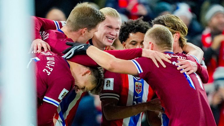 Erling Haaland celebrates scoring his second goal for Norway against Estonia