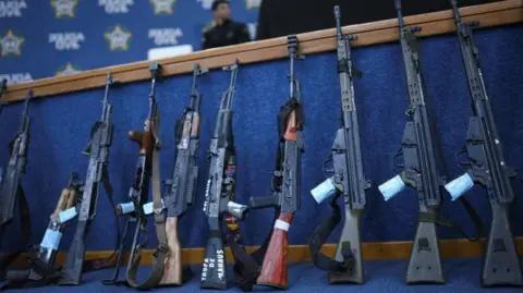 REUTERS/Tita Barros Ten firearms are lined up against a blue background at a press conference in Rio de Janeiro on 29 October. 