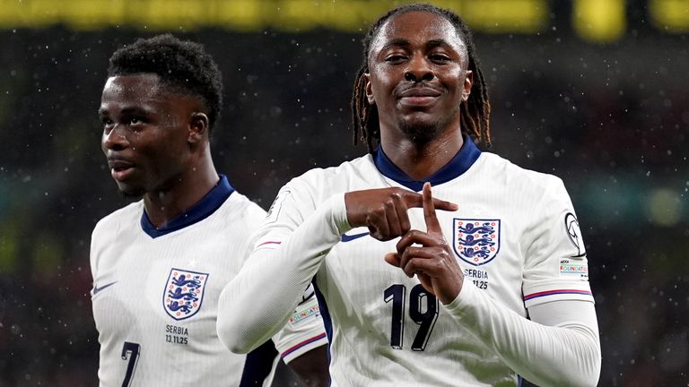 Eberechi Eze celebrates scoring England's second goal against Serbia