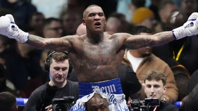 Conor Benn celebrates after beating Chris Eubank Jr 