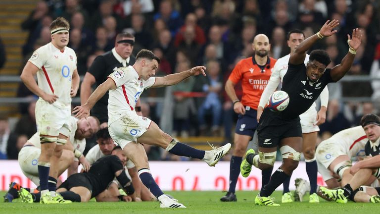 George Ford connects with a drop goal to reduce England's deficit to New Zealand