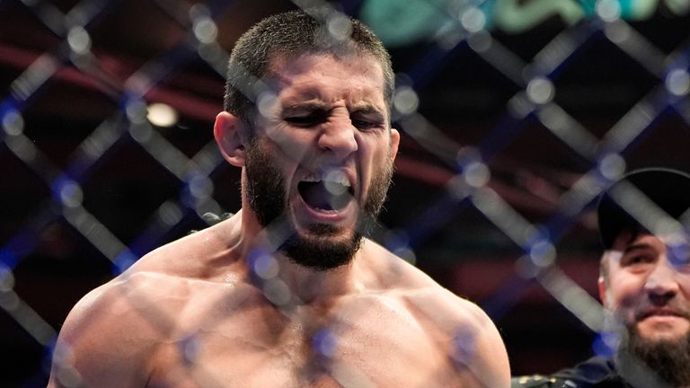 Russia's Islam Makhachev reacts after defeating Australia's Jack Della Maddalena  at UFC 322 (Associated Press)