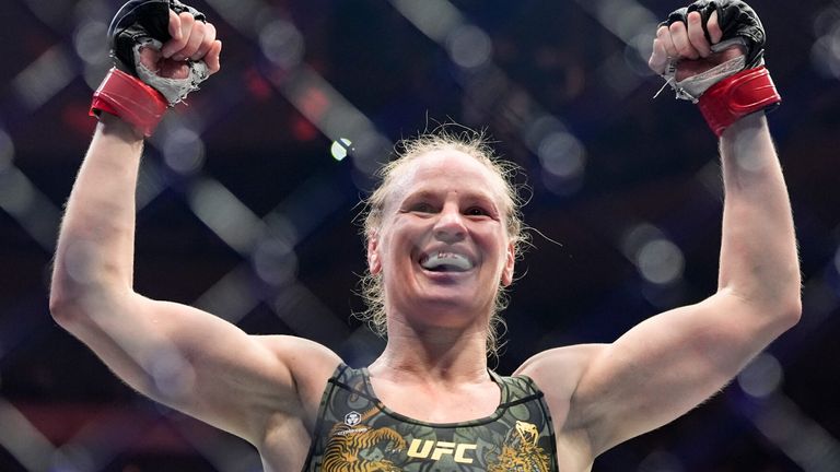 Kyrgyzstan's Valentina Shevchenko celebrates after defeating China's Zhang Weili at UFC 322 (Associated Press)