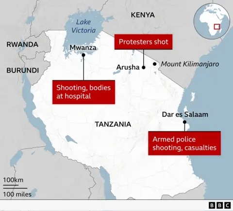 Map of Tanzania showing cities of Dar es Salaam, Mwanza and Arusha - with annotations explaining where shooting and casualties identified