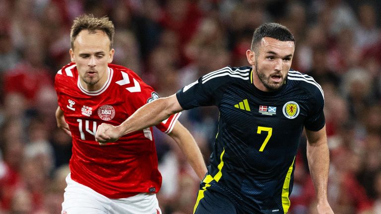 Scotland's John McGinn and Denmark's Anders Dreyer in action during a 2026 FIFA World Cup Qualifying