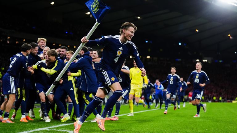 Scott McTominay leads Scotland's celebrations at the full-time whistle of their sensational victory over Denmark