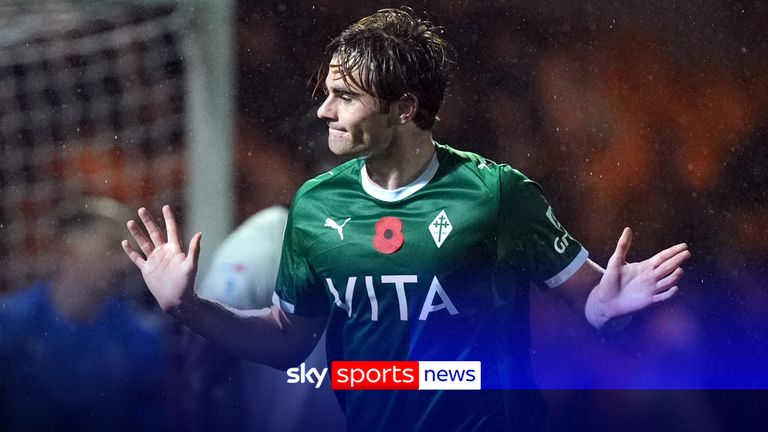 Stockport County's Nathan Lowe celebrates scoring their side's first goal of the game during the Sky Bet League One match at Vale Park, Stoke on Trent. Picture date: Monday October 27, 2025.