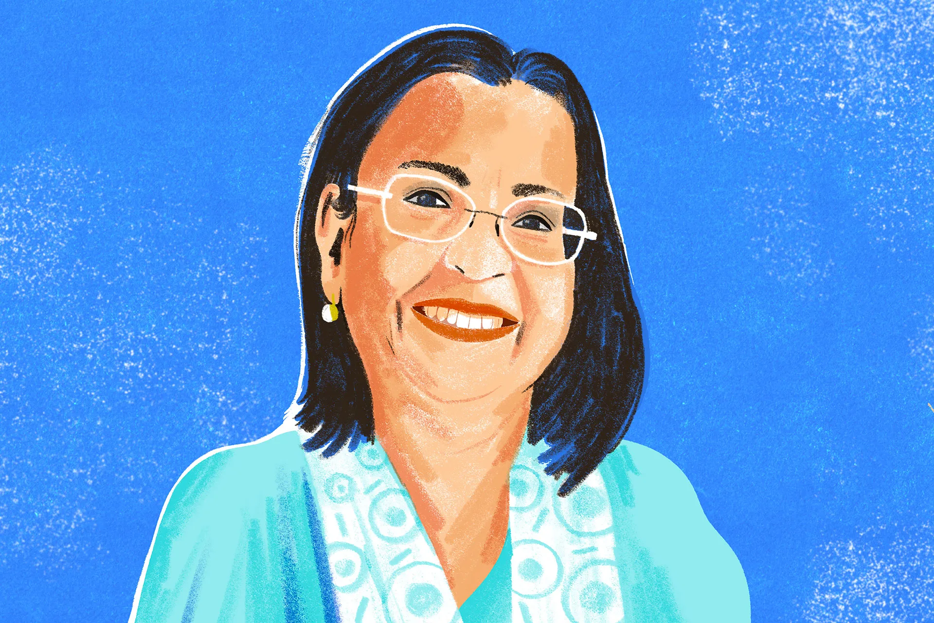 an illustrated portrait of a woman wearing a bright aqua top with a textured blue background