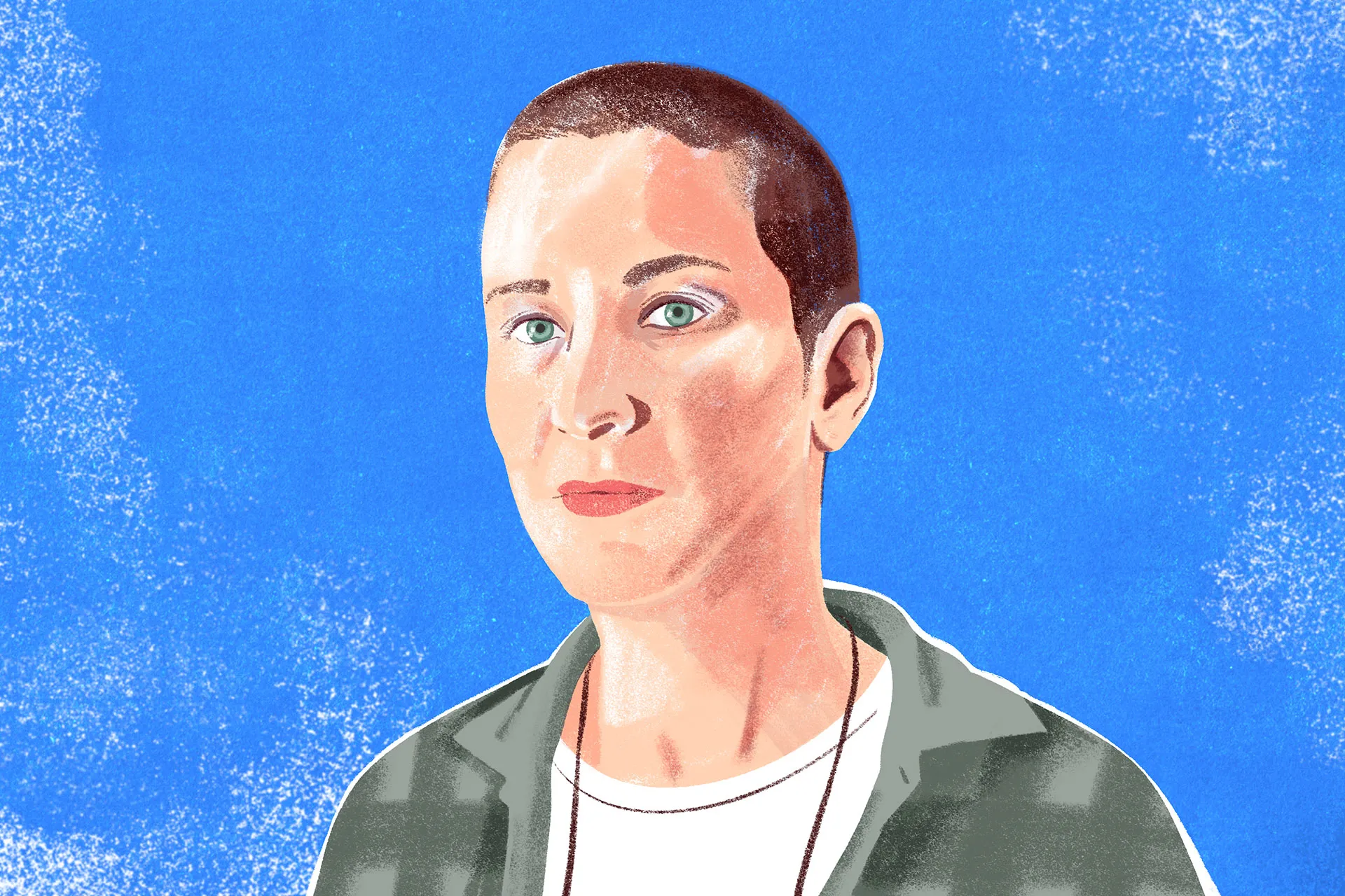 an illustrated portrait of a woman wearing a grey plaid top with a textured blue background