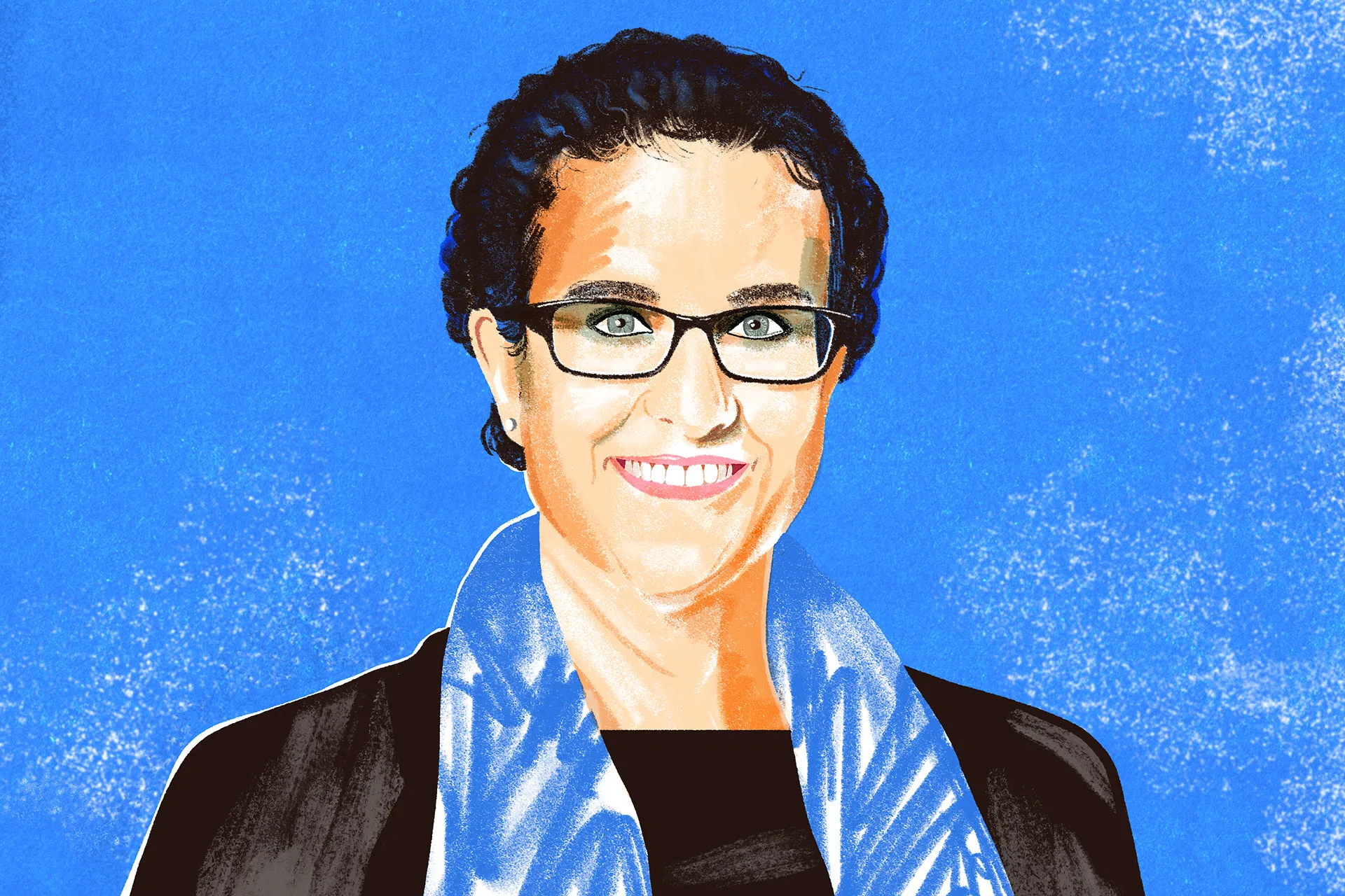 an illustrated portrait of a woman wearing a black top and blue scarf with a textured blue background