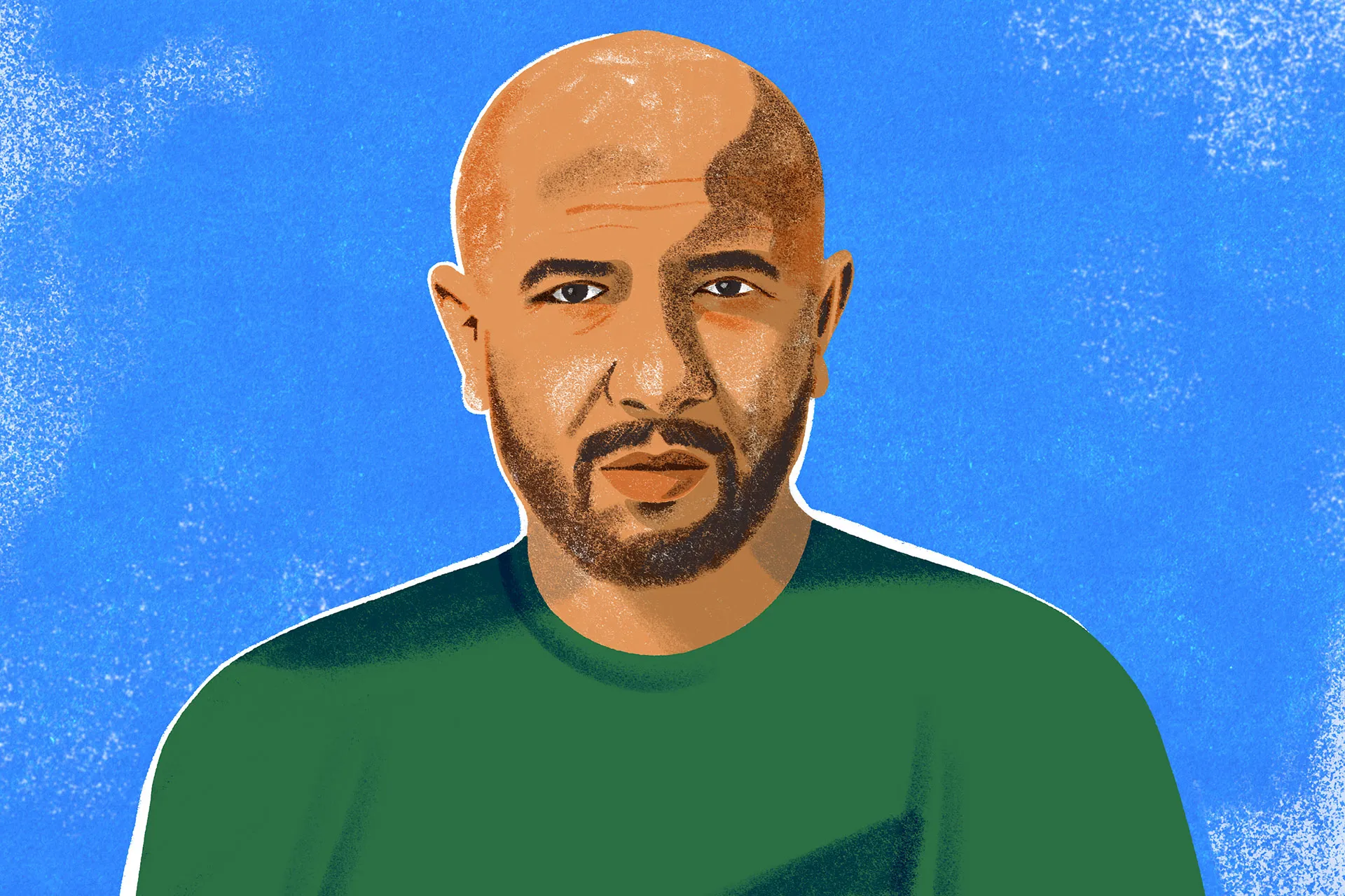 an illustrated portrait of a man wearing a dark green shirt with a textured blue background