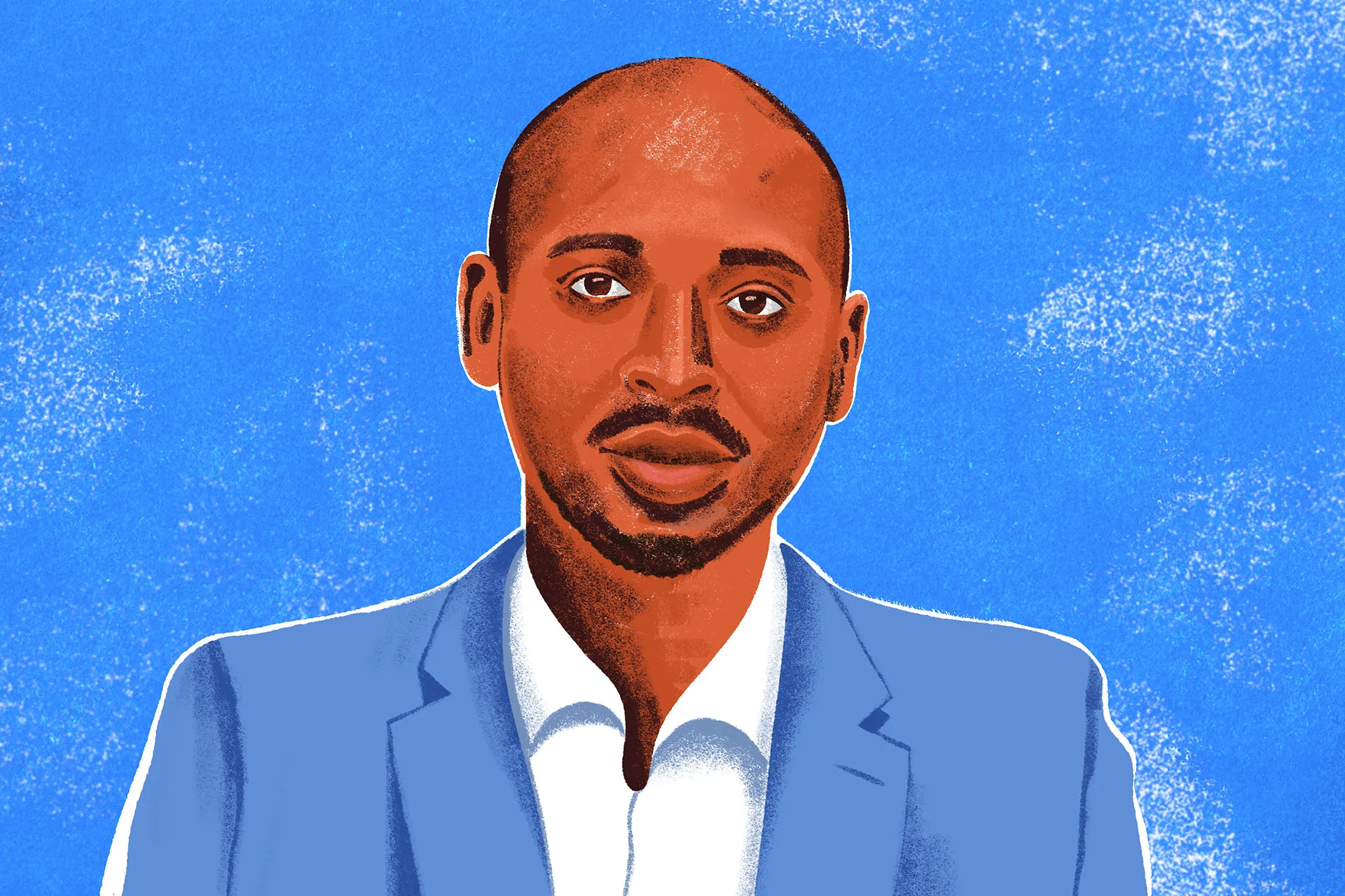 an illustrated portrait of a man wearing a blue suit with a textured blue background