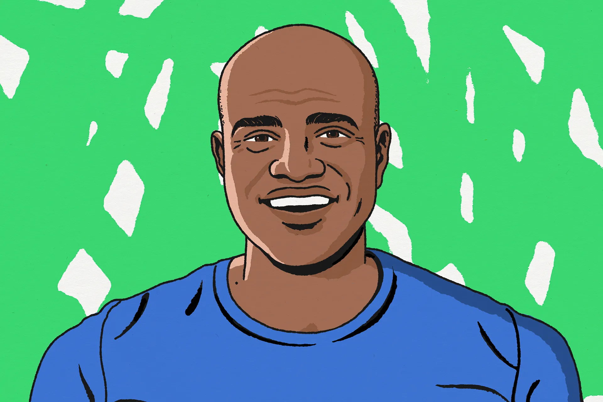 an illustrated portrait of a man in a blue shirt with a textured lime green background