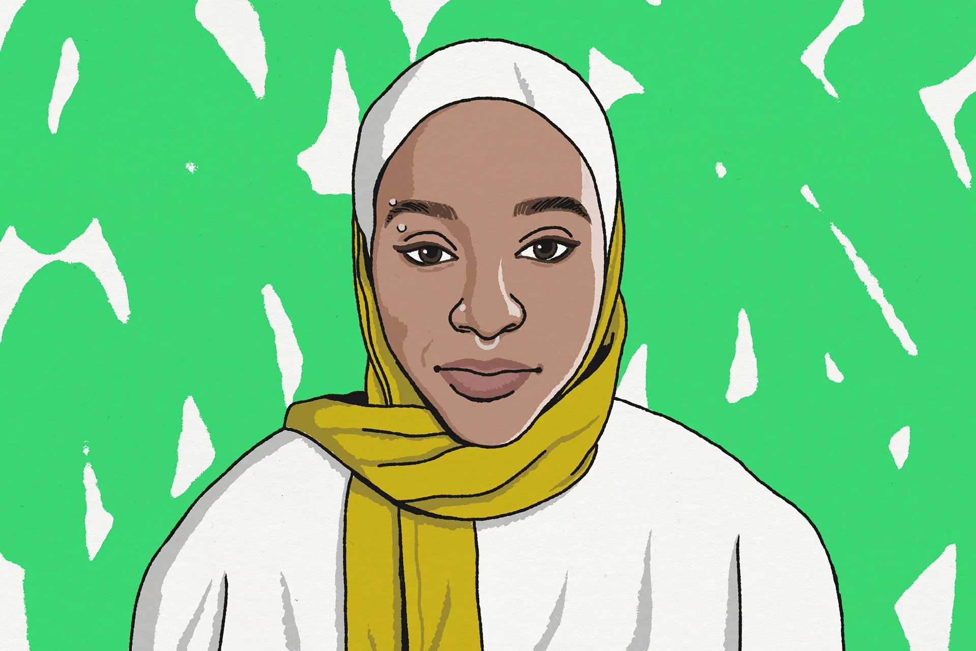 an illustrated portrait of a woman in a white outfit and yellow outer garment with a textured lime green background