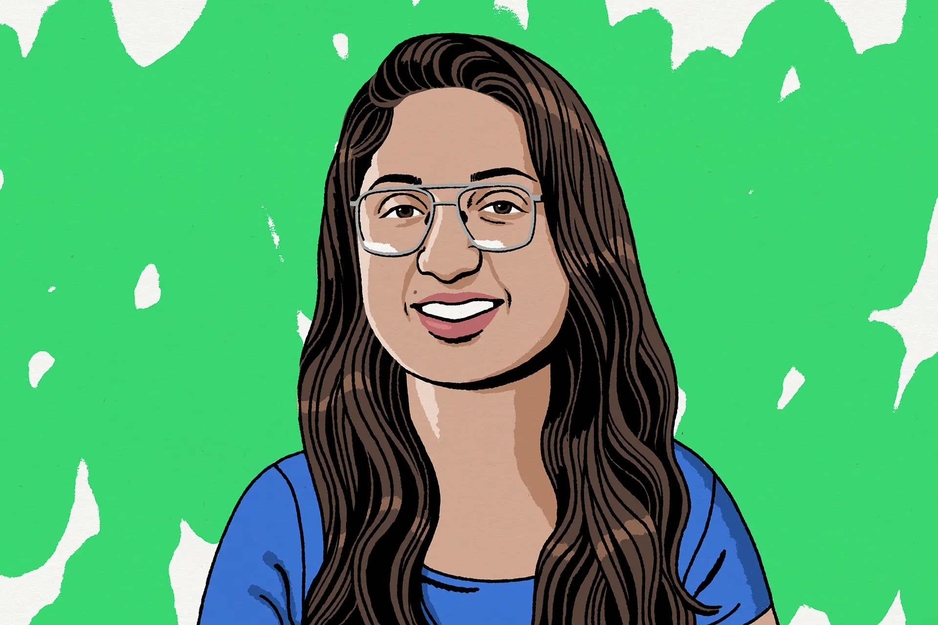 an illustrated portrait of a woman in a blue shirt with a textured lime green background