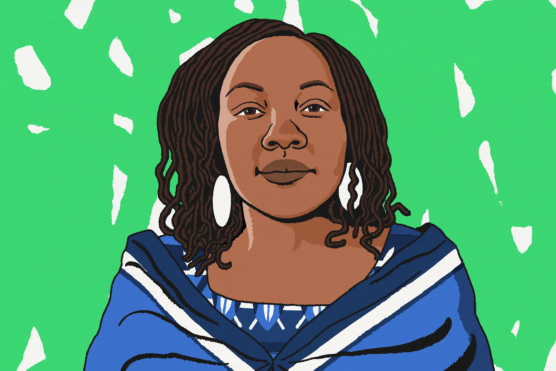 an illustrated portrait of a woman in a blue shirt and shawl with a textured lime green background