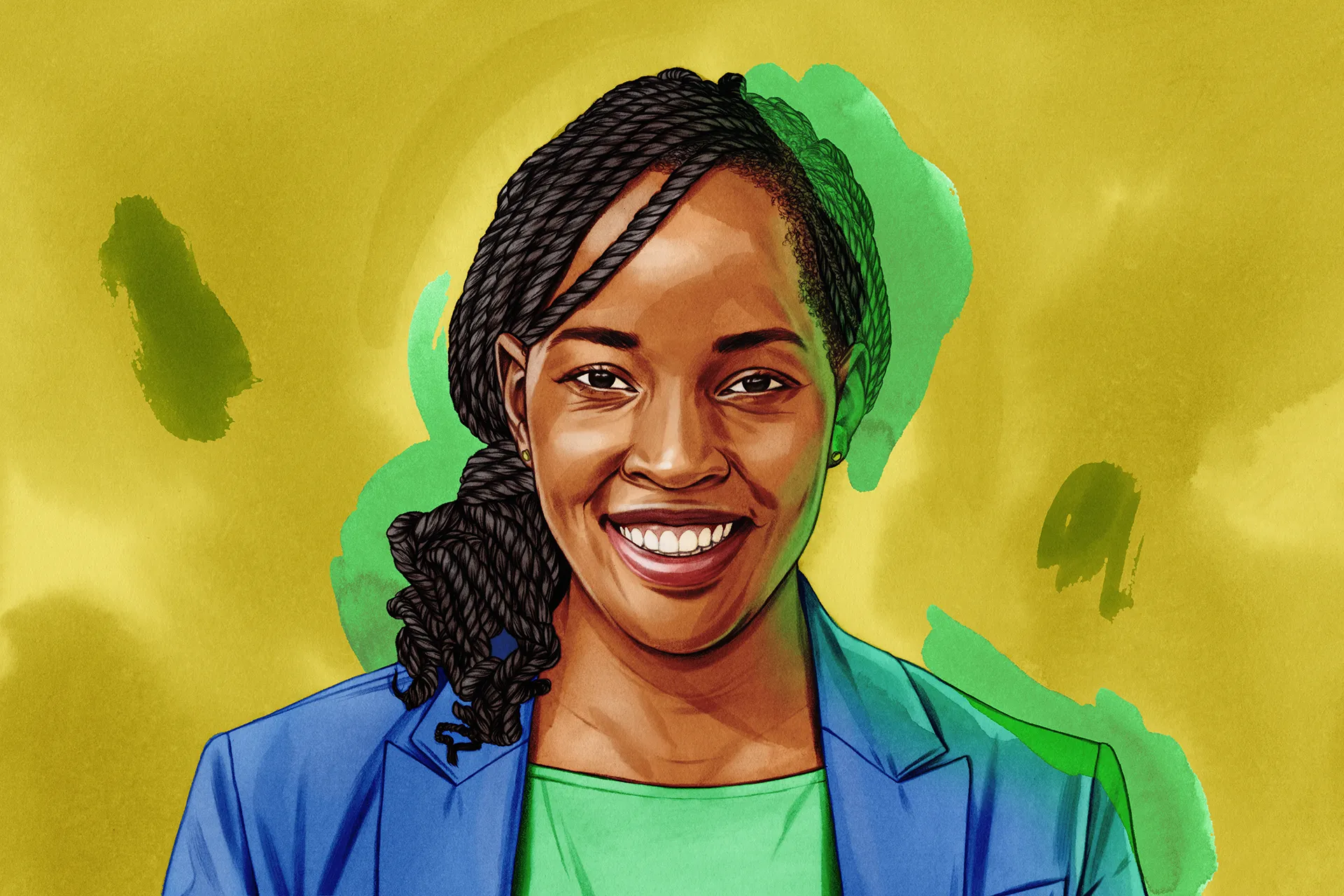 an illustrated portrait of a woman wearing a blue suit jacket with a painterly yellow and green background