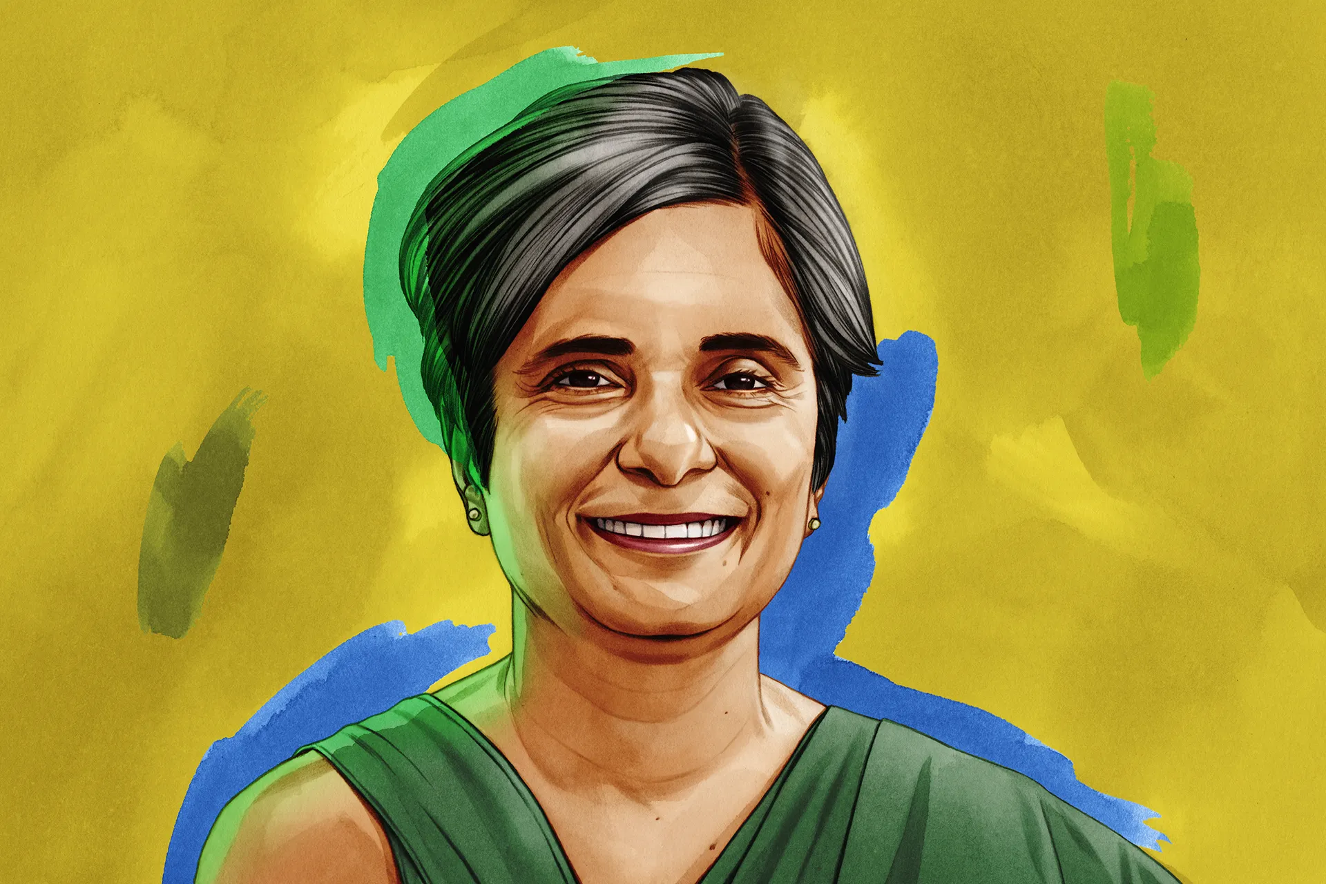 an illustrated portrait of a woman wearing a dark green dress with a painterly yellow, blue, and green background