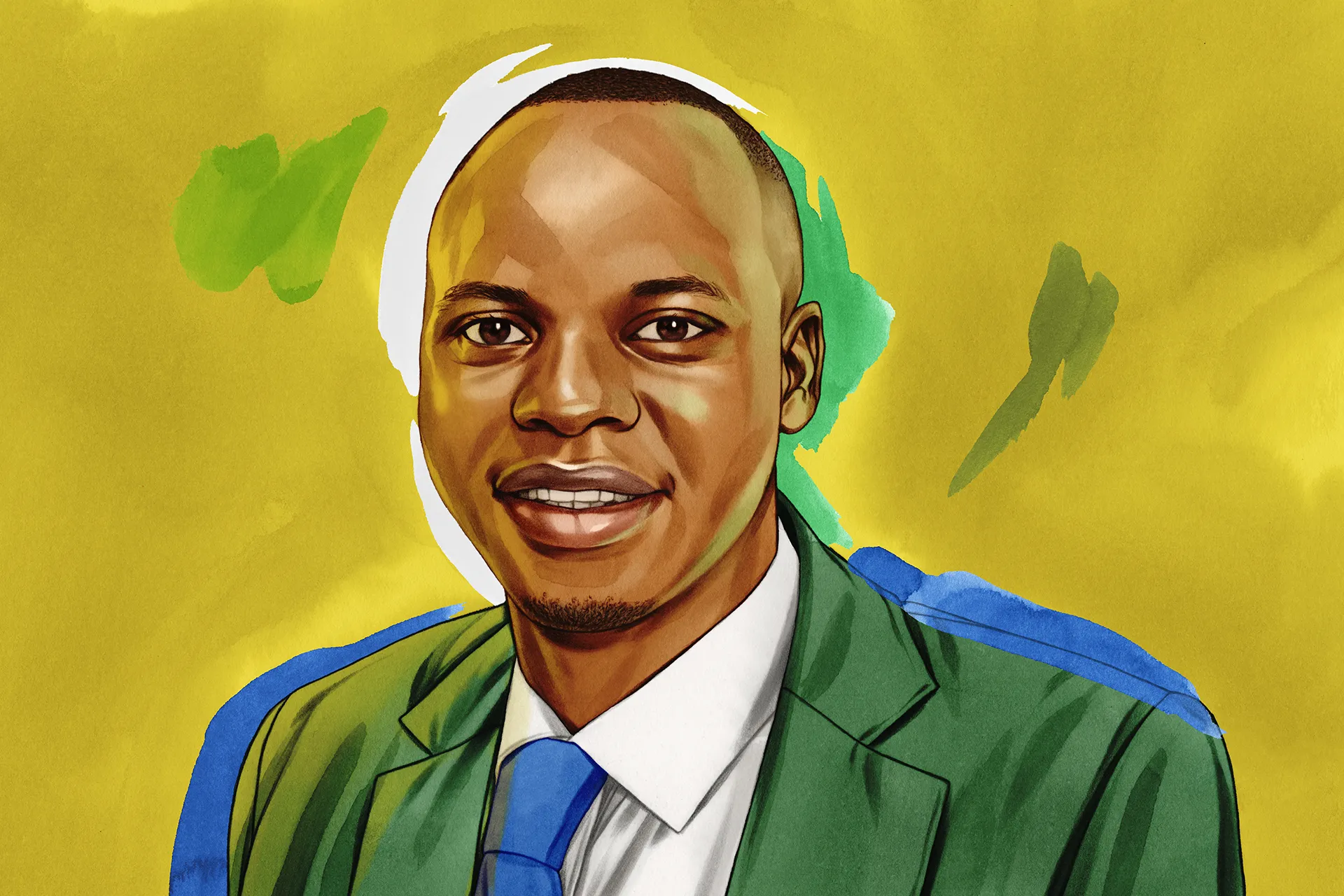 an illustrated portrait of a man wearing a green suit and blue tie with a painterly yellow and green background