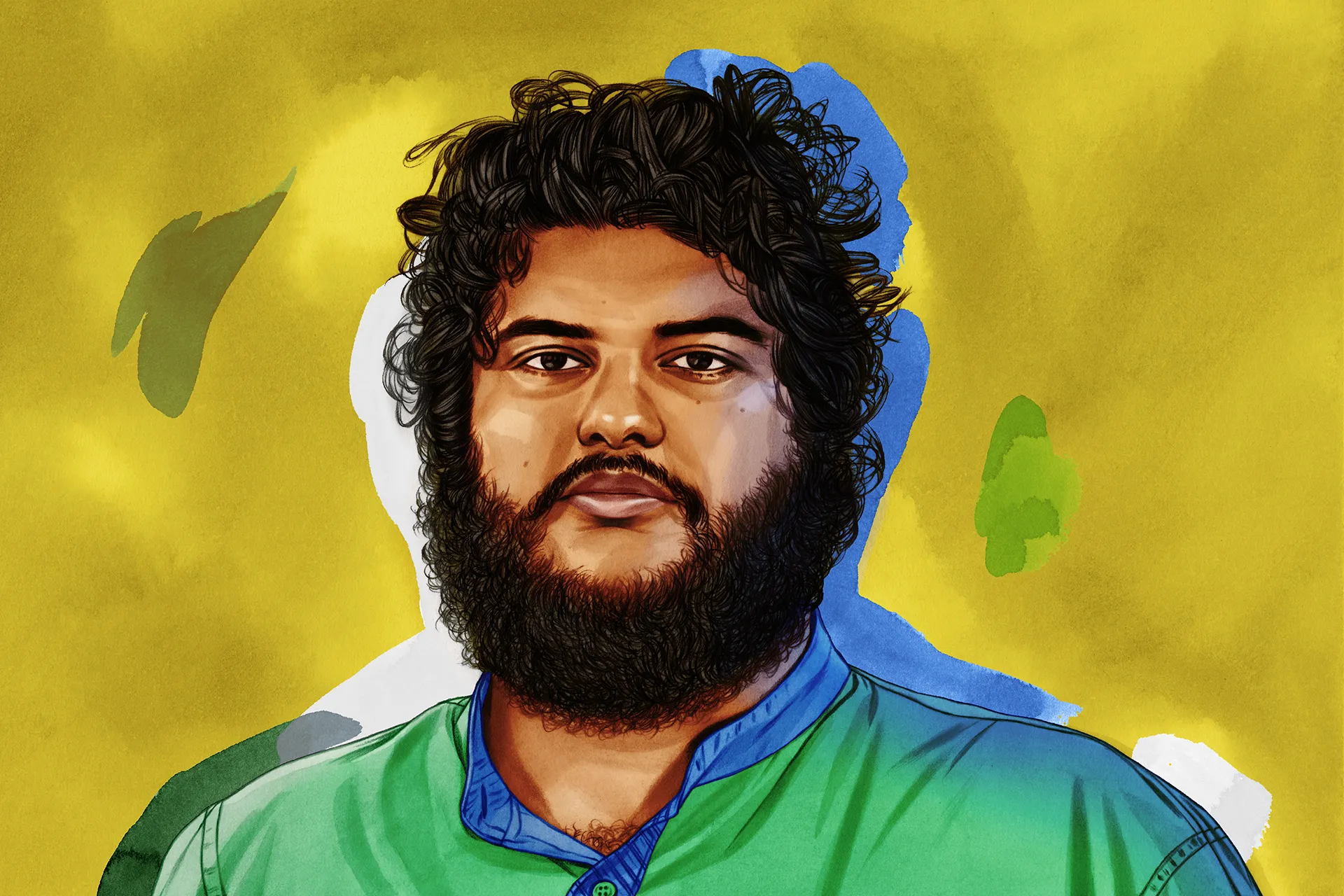 an illustrated portrait of a man wearing a green and blue button-down shirt with a painterly yellow, blue, and green background