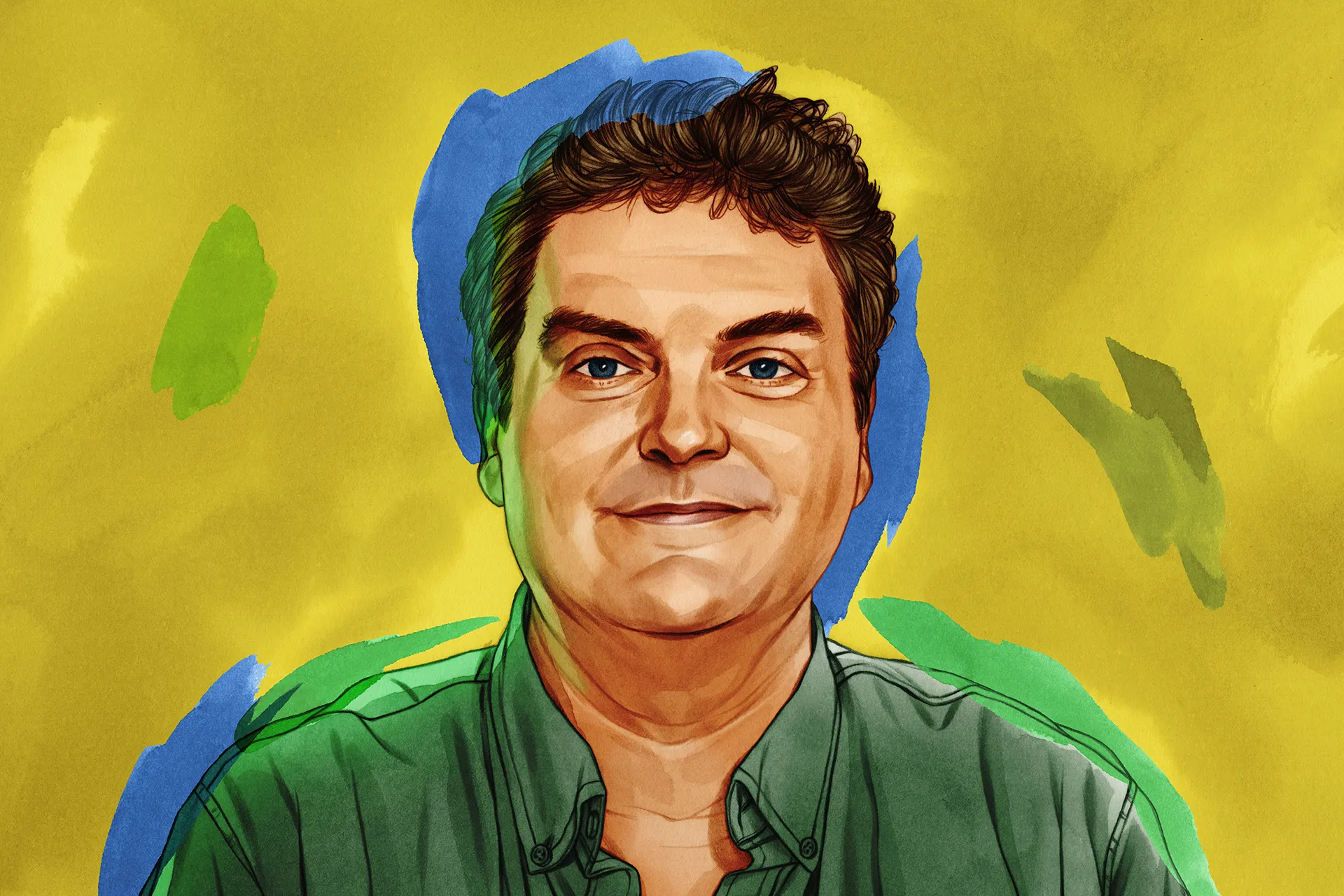 an illustrated portrait of a man wearing a dark green collared shirt with a painterly yellow, blue, and green background