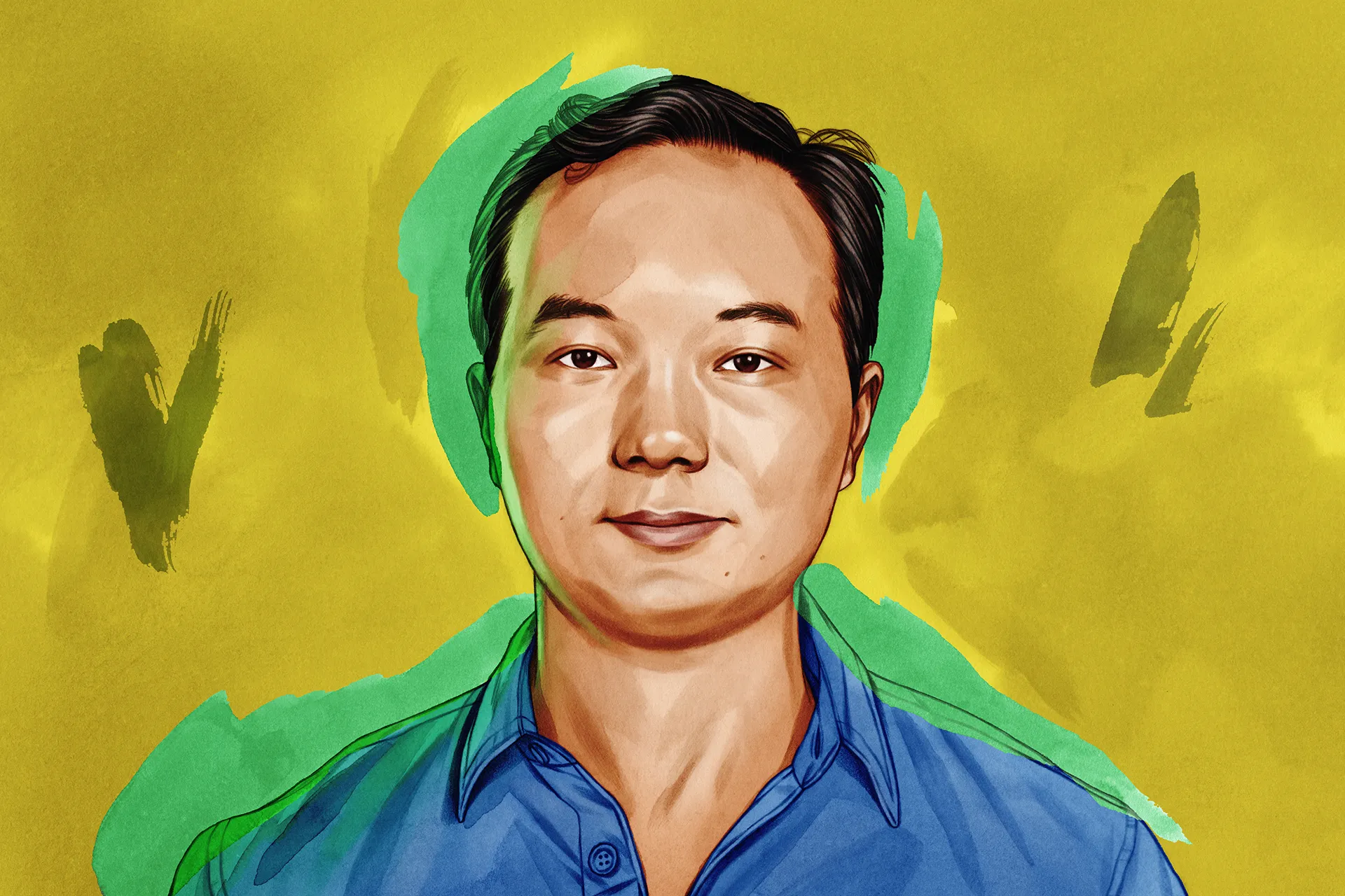 an illustrated portrait of a man wearing a blue collared shirt with a painterly yellow and green background