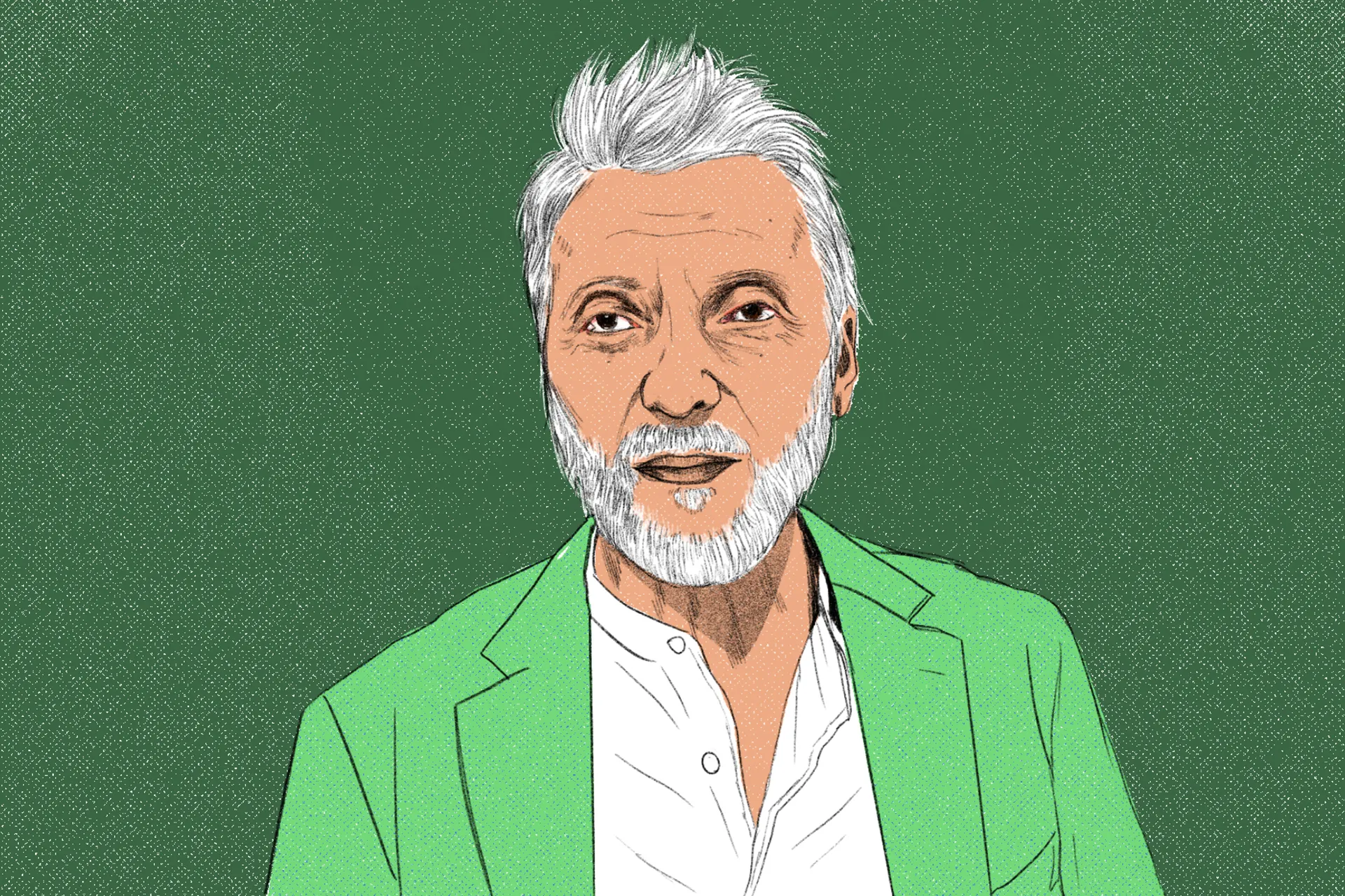 an illustrated portrait of a man wearing a green suit jacket with a green background