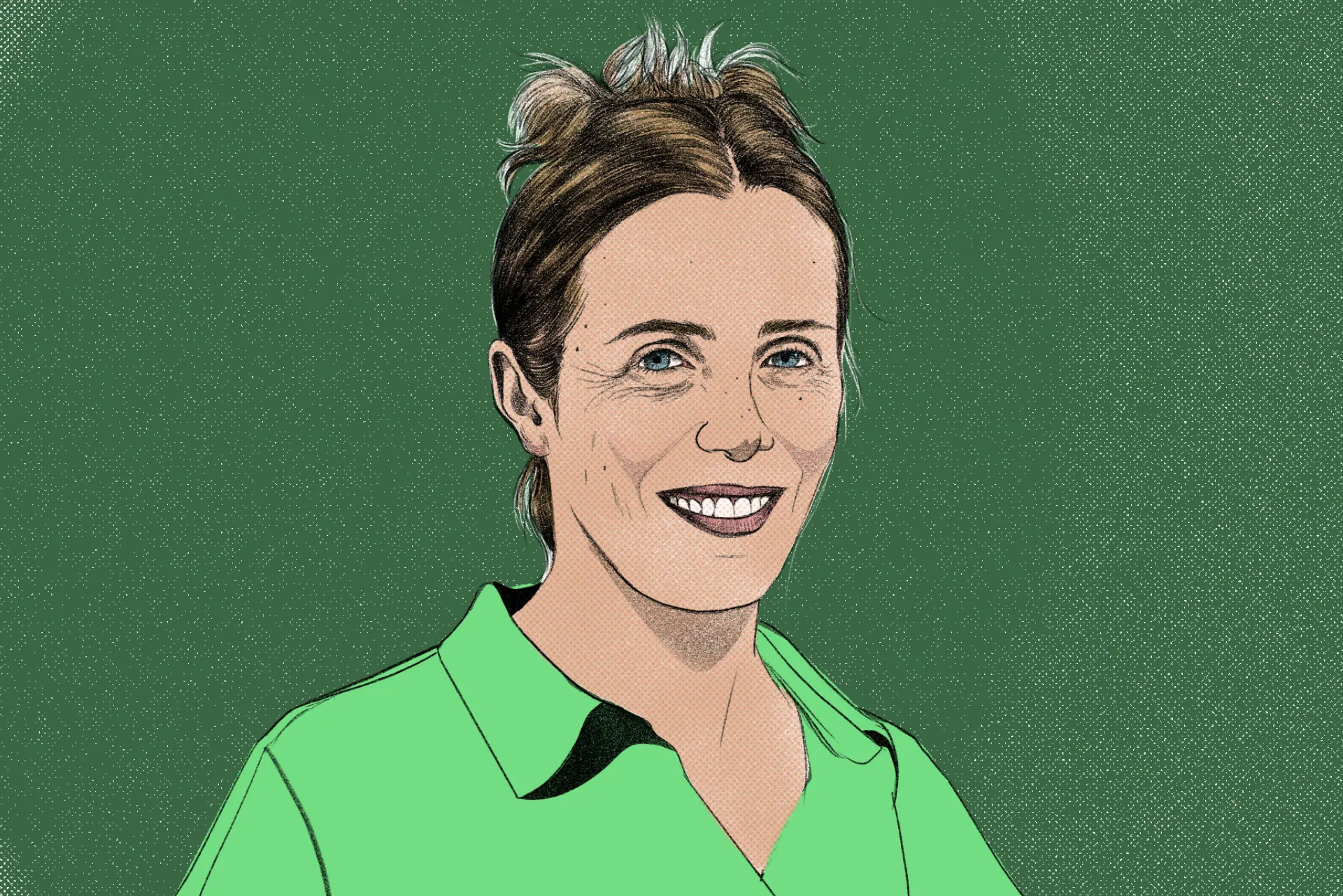 an illustrated portrait of a woman wearing a lime green shirt with a dark green background