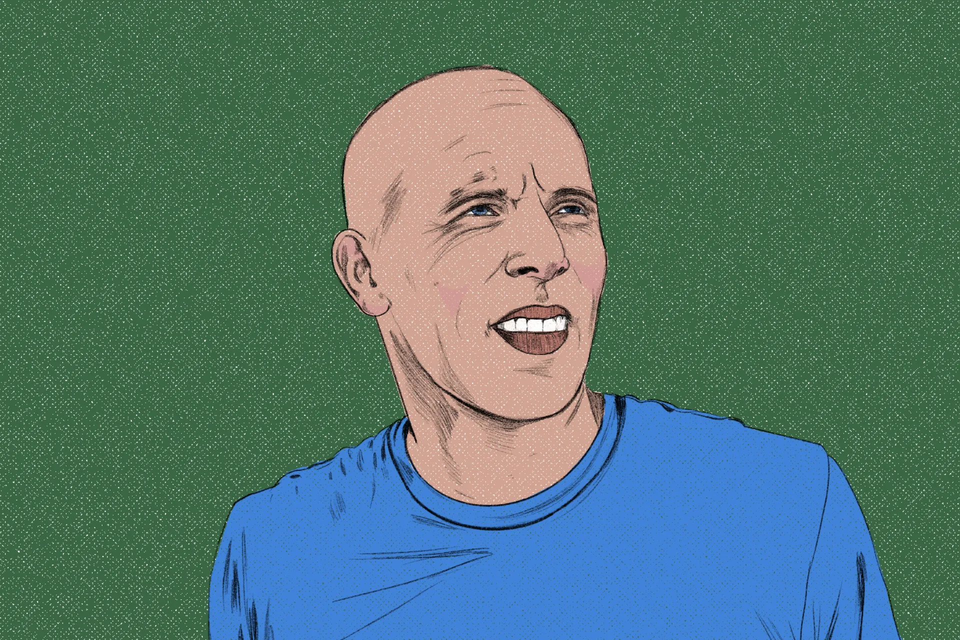 an illustrated portrait of a man wearing a blue shirt with a green background