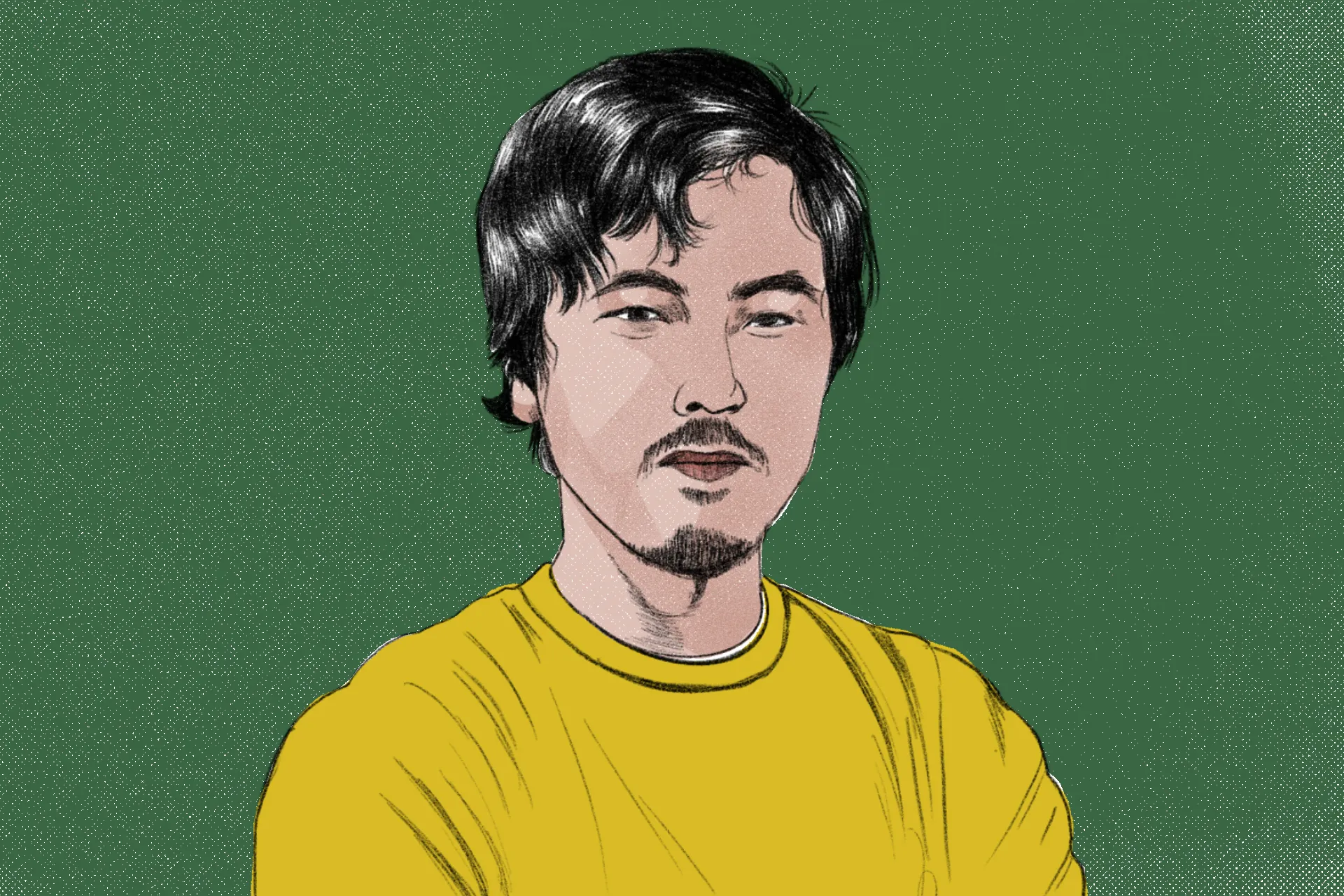 an illustrated portrait of a man wearing a yellow shirt with a green background