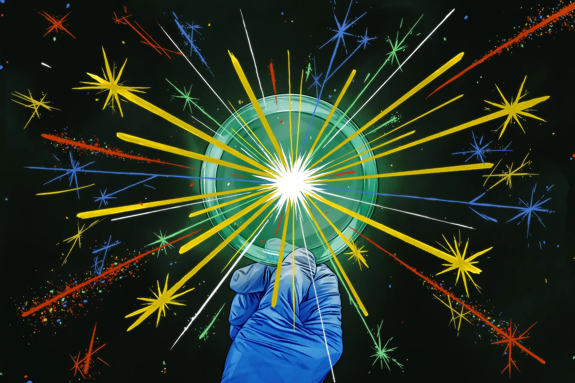 A hand wearing a blue glove holds up a petri dish with a bright light and stars shooting out from it