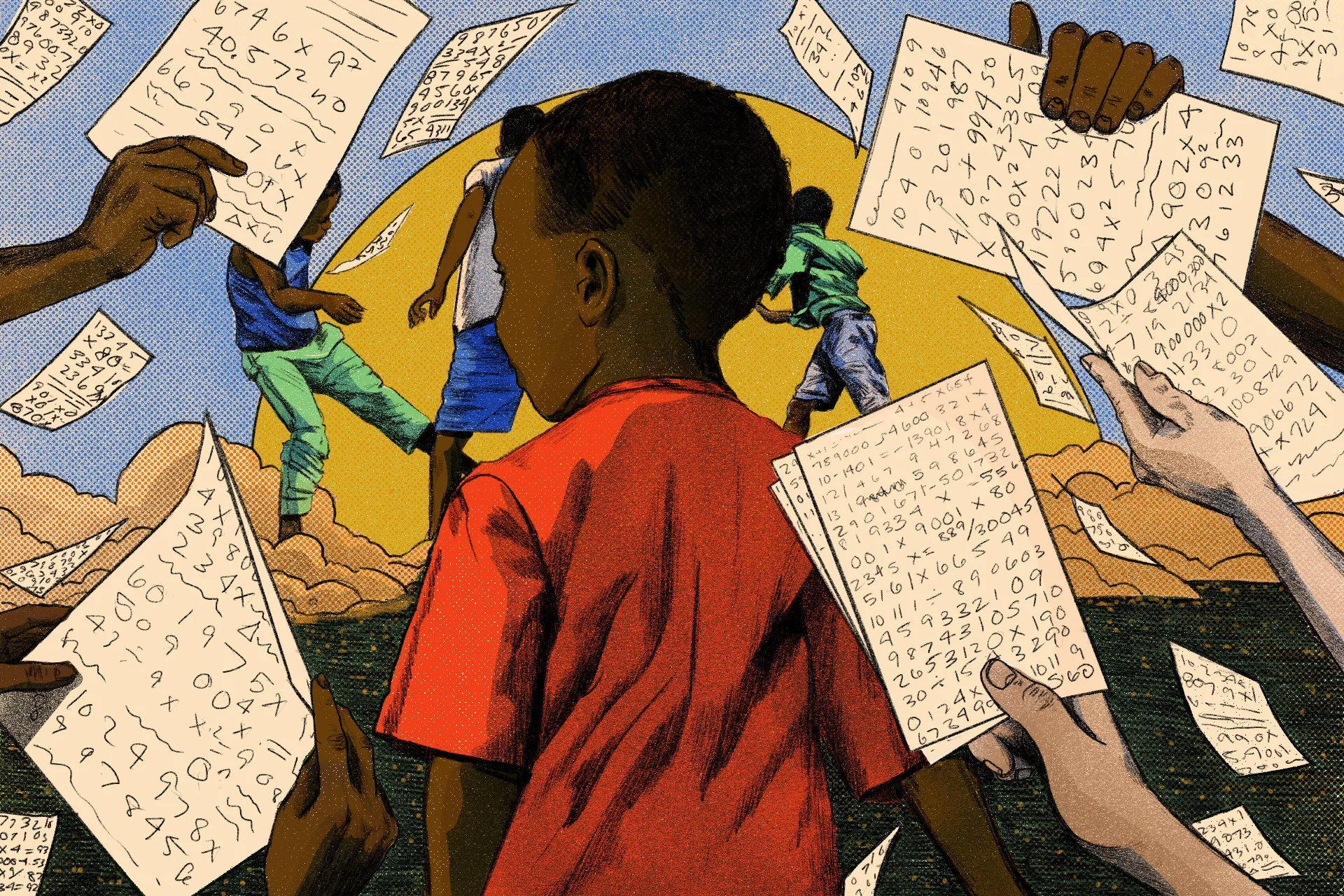An illustration of a young boy looking out toward his friends playing with a ball. In the foreground, just behind the boy, several hands are holding pages with numbers and equations covering them