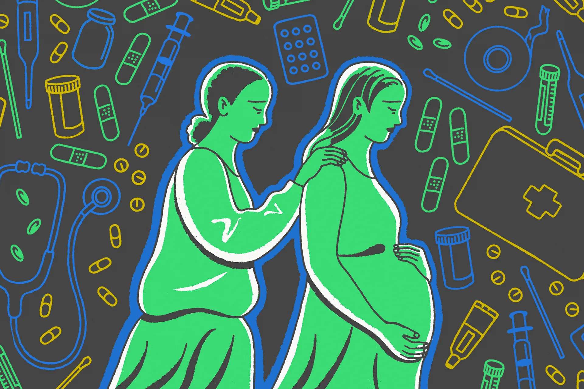 An illustration of a midwife resting a supportive hand on the shoulder of a pregnant woman. Medical supplies fill the scene surrounding