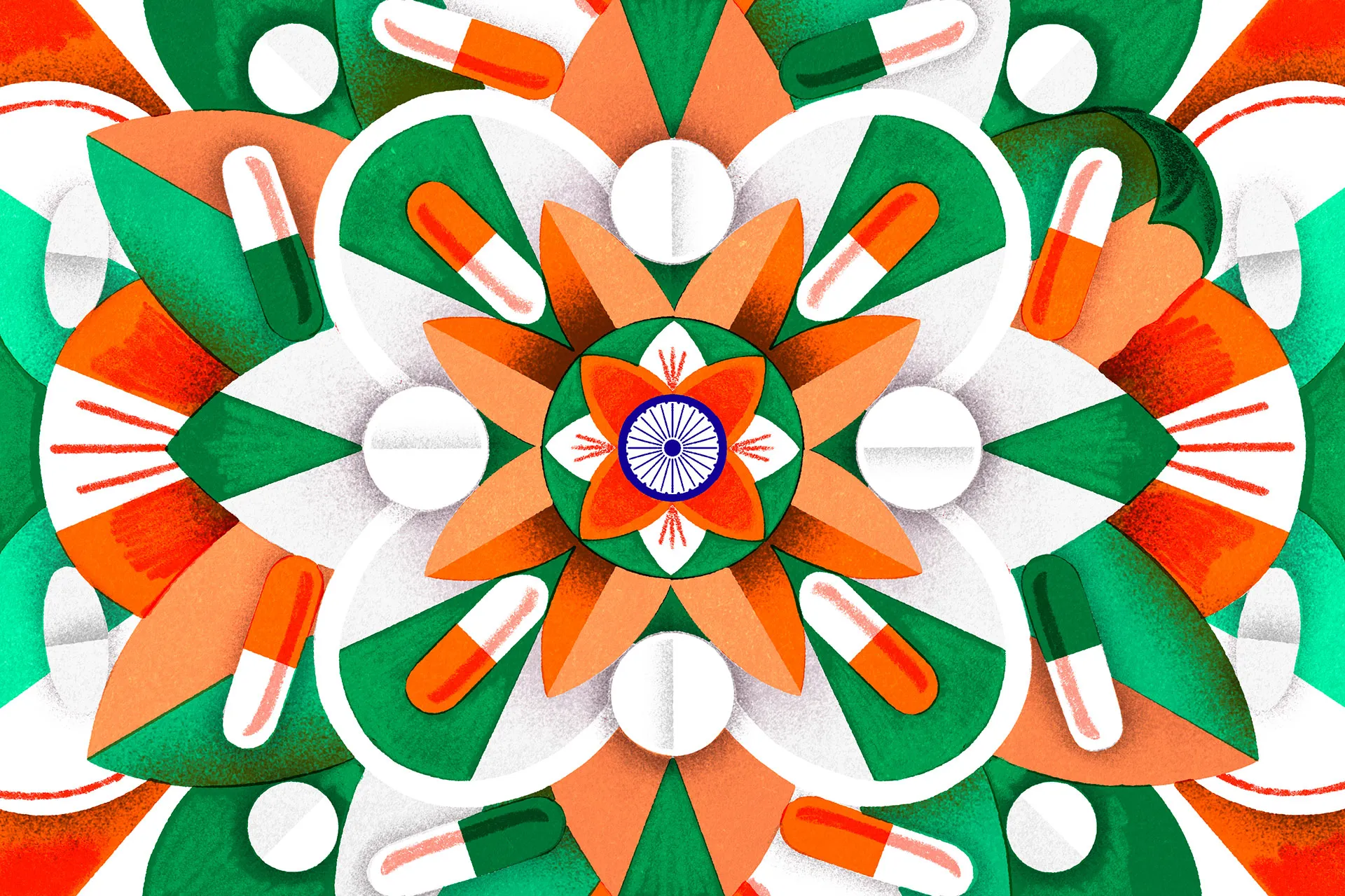 An illustration of an ornate flower in the color of India’s flag, with various pills resting on petals throughout