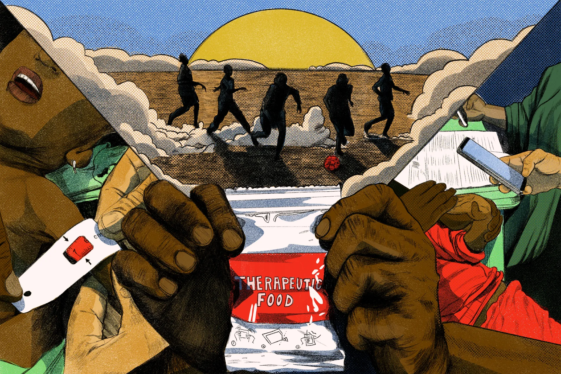 An illustration of hands holding a package that reads “therapeutic food.” There are cropped scenes on either side of a child’s arm being measured and medical notes being taken. Children are running and playing in the distance.